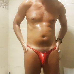 Oiled up masturbation briefs tryout in the bathroom