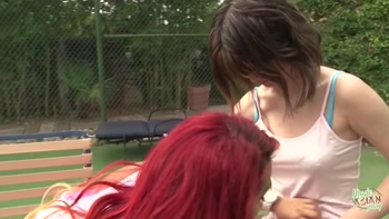 Sexy outdoor sex with gorgeous brunette and Asian lesbian beauties