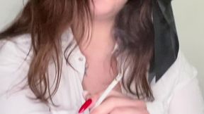 Thick BBW with Huge Tits & Black Bow Smoking Long Whites - Dildo Fuck & Leg Shaking Finish