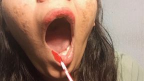 Red Liquid Lipstick Reapply and Slow Yawn Close Up