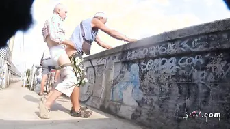 Daddy cruising outdoors for bareback anal with stranger