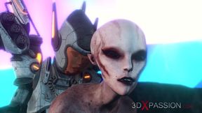 Female alien receives intense penetration from sci-fi explorer in spacesuit on distant world