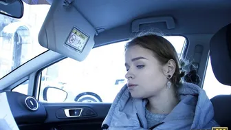 Young blonde Russian teen pays debt with rough car sex and deepthroat