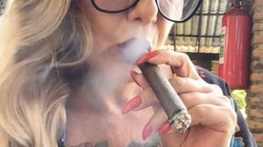 Smoking an entire cigar in thirteen minutes - Dangling, Nose exhales, Purple lipstick, Long red nails, Long blonde hair
