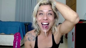 married hairy bush milf gags on cock, pounds both holes with monster dildo & explodes in screaming squirt