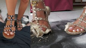 Food crushing devastation, bread and meringue smashing, ball stomping and soles on face