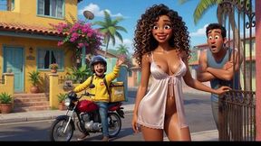 Slim Curly Brazilian Wife Gets Naked For Motoboy And Kisses Him On Sofa While Husband Watches (ai Generated)