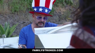 Family Strokes - Lucky Guy Fucks Stepmom and Stepsis During Independence Day Celebration