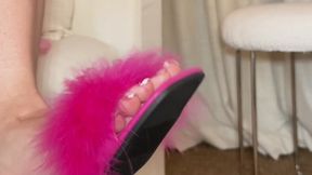 Pink Marabou Slides Foot Tease! Dangling & Bare Soles in a Sheer Robe