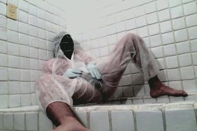 Masked Femboy in Suit Pees Itself and Cums