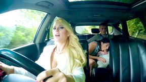 Jimena Lago gives him a sneaky blowjob as his stepmom Angel Wicky driving them