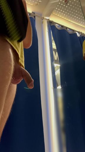 BeENJoY - fitting of naked swimsuits with the curtain open - catches 2 times. A grandpa has watched me openly and I show him my cock