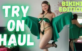 Try on Shiny Green Micro Bikini Beach Walk on Treadmill with Countdown