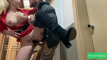 Spanish Busty milf blowjob and tits cumshot in the elevator