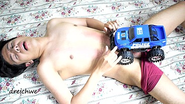Playing with blue car