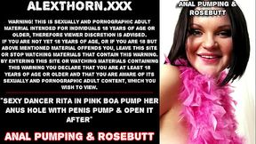 Sexy dancer Rita in pink boa pump her anus hole with penis pump &amp_ open it after