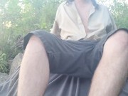 Caught naked and vulnerable by a public lake. Kayaker passing while experimenting self bondage