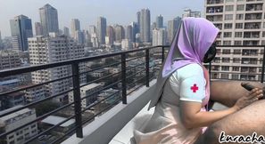Hijab Cheating Nurse Step Sister blowjob at hospital Balcony