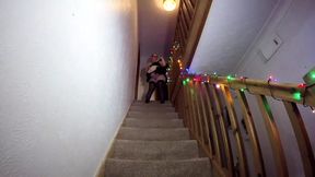 Maid cleaning the stairs in stockings