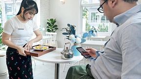 Asian waitress sucks customers dick after she accidentally spilled water on him