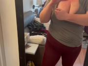 walking braless in public - t-shirt and leggings
