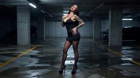 sexy brunette in black mini & heels underground parking tease - hard fuck & facial ai generated