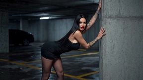 sexy brunette in black mini & heels underground parking tease - hard fuck & facial ai generated