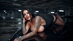 sexy brunette in black mini & heels underground parking tease - hard fuck & facial ai generated