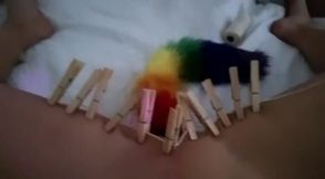 Wand Orgasm Punishment with Rainbow Foxtail Butplug and Clothes Pins Zipline