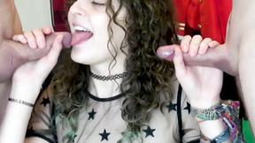 ”Smalltitted teen orally pleases two dicks to make it big”