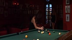 Blonde and brunette hotties fuck a stud on a pool table