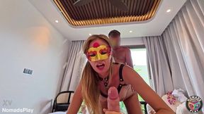 Amateur blonde wife gets a sloppy handjob then a deepthroat BJ