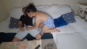 Stepmom helps stepson empty his balls and he cums inside her hairy pussy