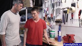 Stepdad catches twink playing with tools and fucks him