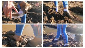 Walking in deep soft mud in high heels socks and nylon pantyhose