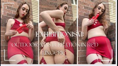 Exhibitionism: Outdoor Pussy Masturbation in Red Lingerie