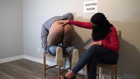 Muslim woman cheating in public waiting room