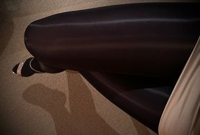 Glossy Black Pantyhose Layers &amp; Shiny Gold Heels