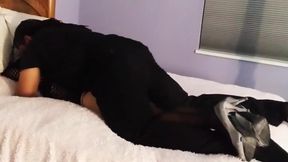 Black Master Breeds Whimpering Little Kitten