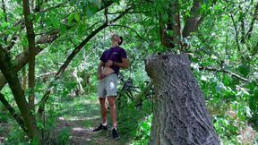 Guy jerking off dick and seducing a passerby in the woods and get a juicy dick in her mouth