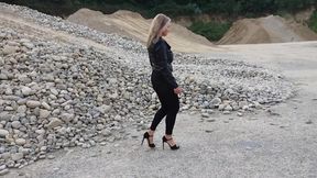 Grandma Is Walking Around a Gravel Pit in Tight Leggings and High Heels!