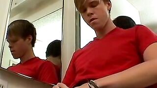 Alluring butt muncher strokes his big dick in the bathroom