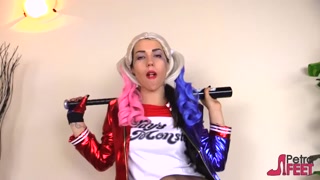 Sexy Petra in Harley Quinn Cosplay costume and black opaque pantyhose
