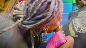 Heavily tattooed, slimy blonde gives sloppy blowjob then backside-to-mouth