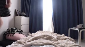 Beautiful woman performs morning blowjob and hand work