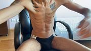 A young guy in jeans gets a hard-on and jerks off on cam.