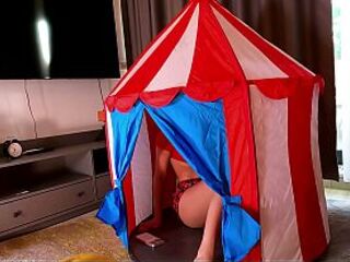 Hawt and sexually excited brunette hair floozy likes to give creamy and oily handjobs to schlongs in a tent within a uniform miniskirt