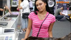 Sexy chick sells her coat and doggy fucked in the pawnshop