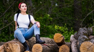 Lumberjack Girl masturbates in the forest