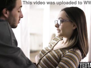 Nerdy teen student interviews a celebrated classmate of hers and lets him rail her unshaved twat